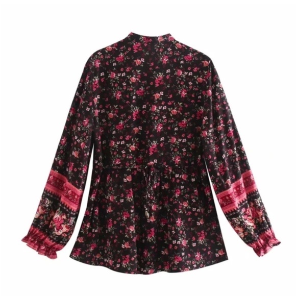 Black Floral Boho Gypsy Button Long Sleeve Blouse - Picture 6 of 6